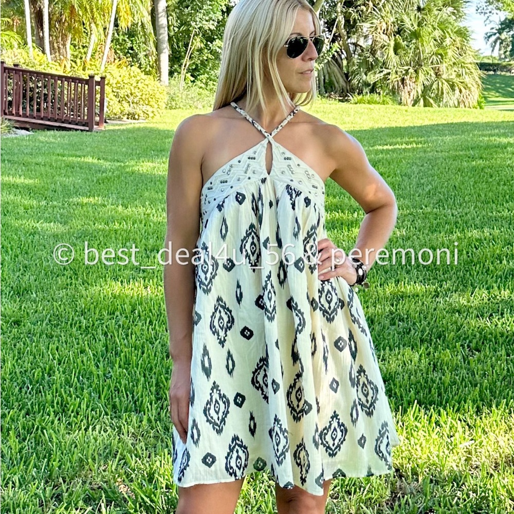 Boho Halter Neck Ikat Print Mini Dress - Cream/Black Zara